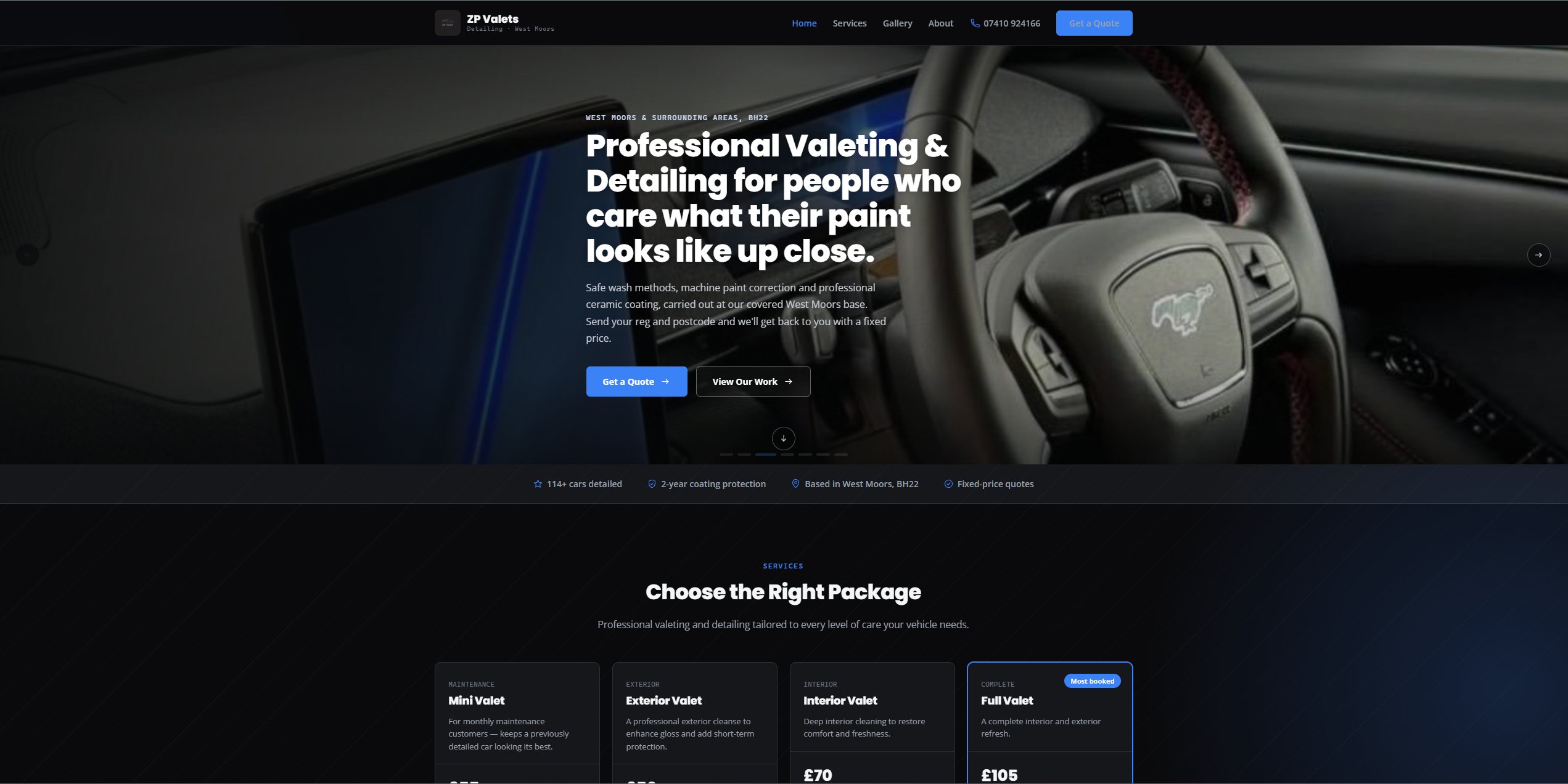 Homepage of the ZP Valets website, designed and built by Witts Digital, shown on desktop