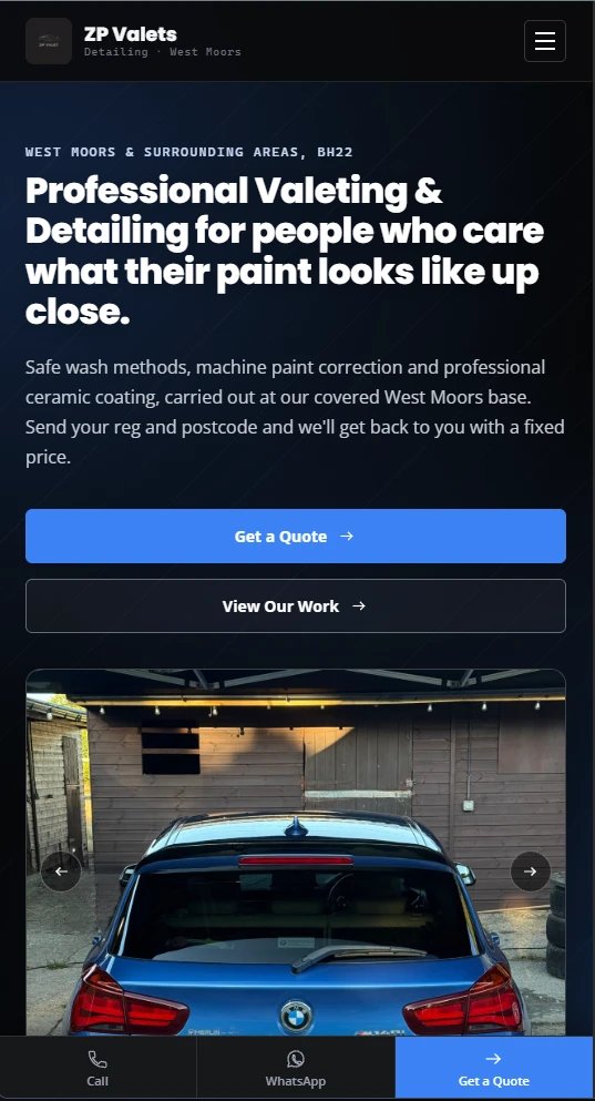 The same ZP Valets website shown on mobile