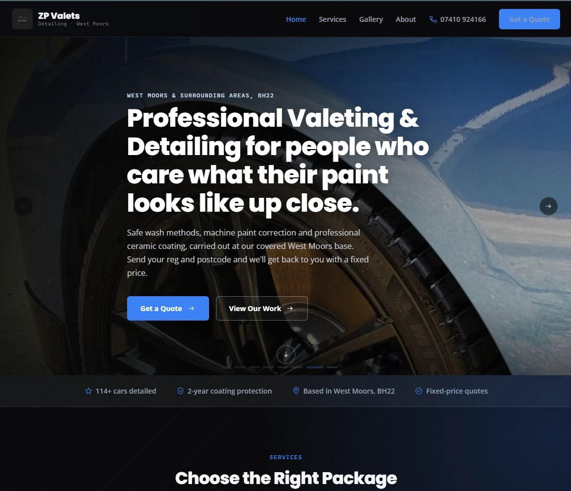 The same ZP Valets website shown on tablet